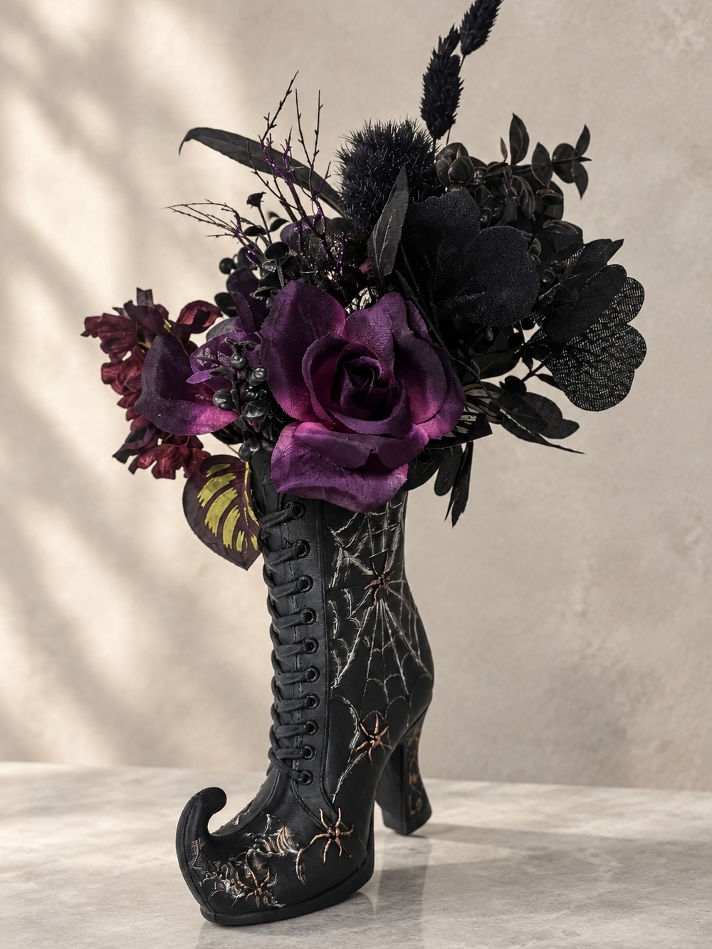 Hand Crafted Black Witch Boot Vase with Purple Floral Accents